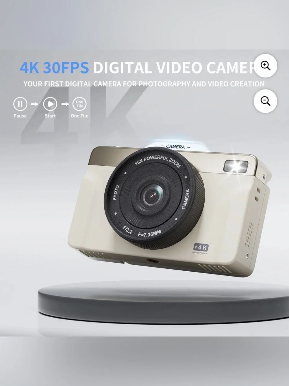 4K Digital Camera with 16X Zoom Anti Shake, 3